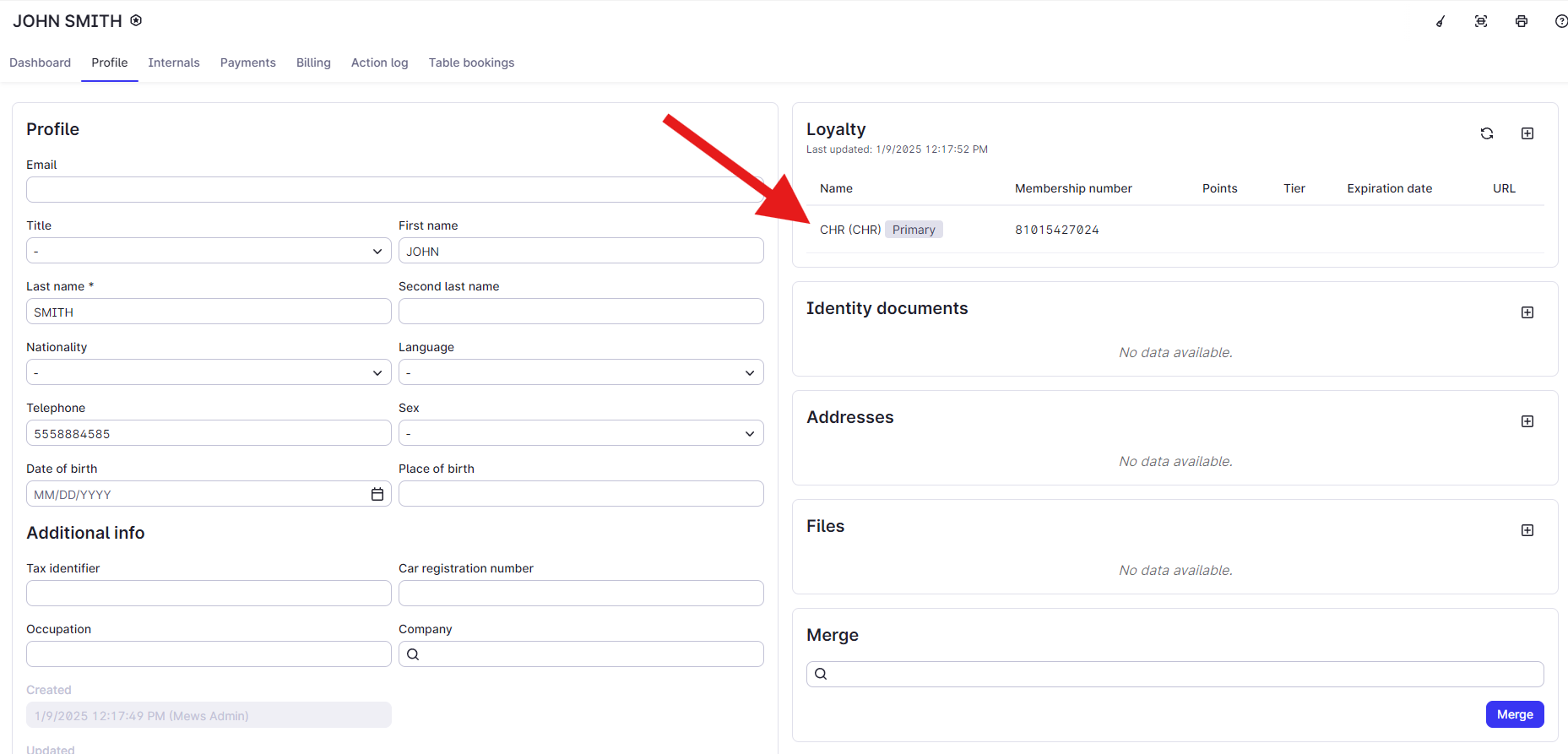 Customer profile showing the Loyalty panel with an active linked membership selected for removal