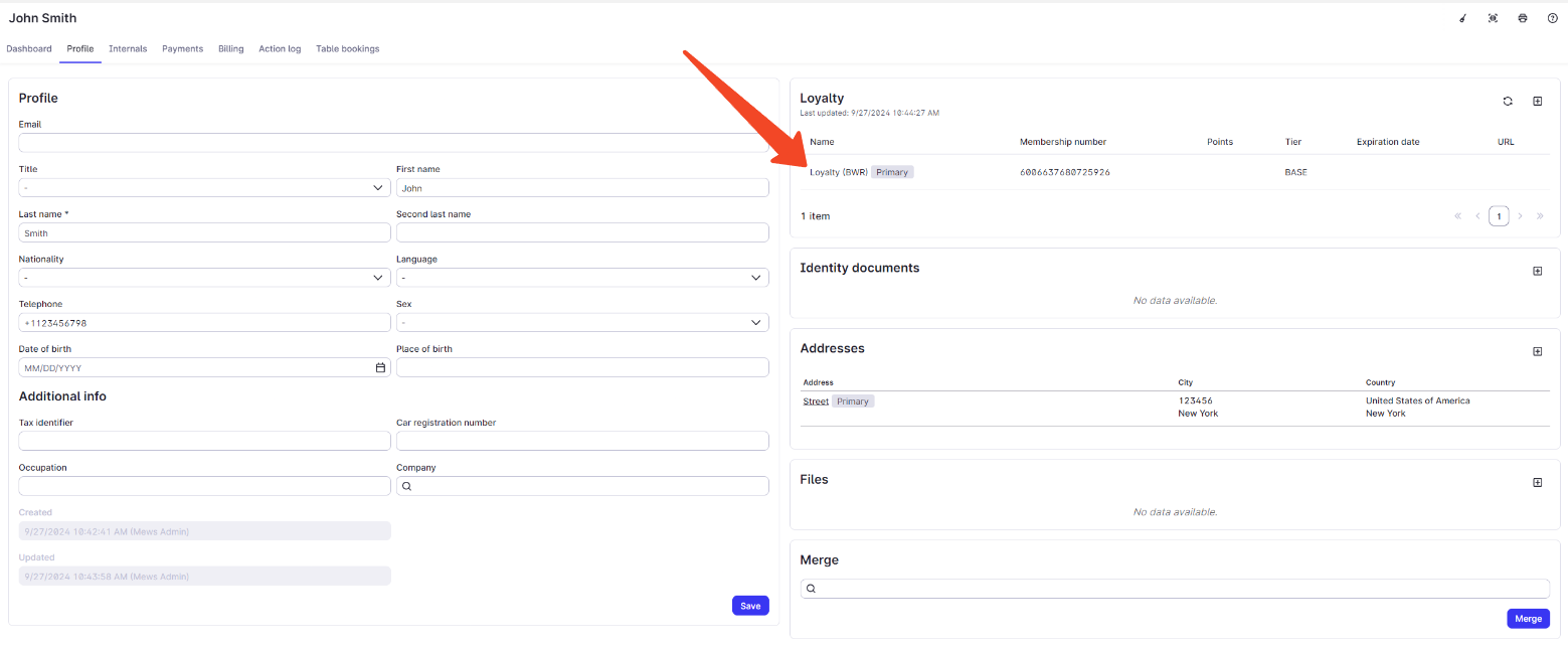 Customer profile showing the Loyalty panel with a successfully linked membership entry