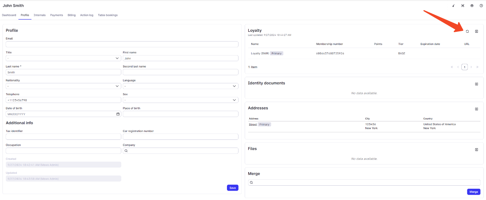 Screenshot of a Mews customer profile with a Refresh button to manually sync membership data from the partner system.