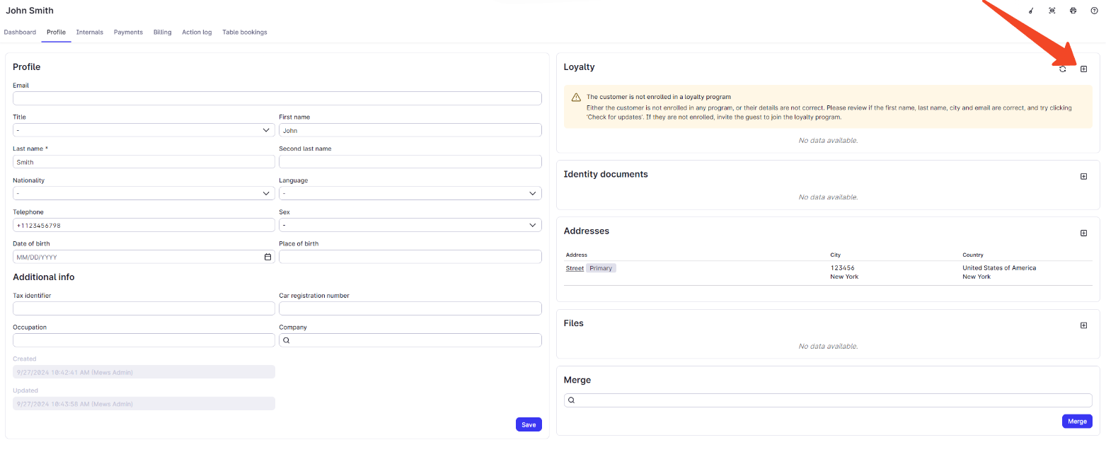 Mews customer profile with the option to add a new loyalty membership