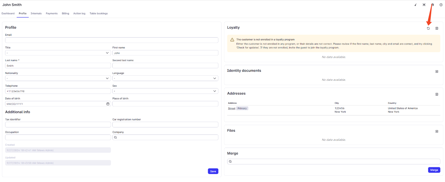 Customer profile screen with a Loyalty panel warning that the customer is not enrolled in a loyalty program