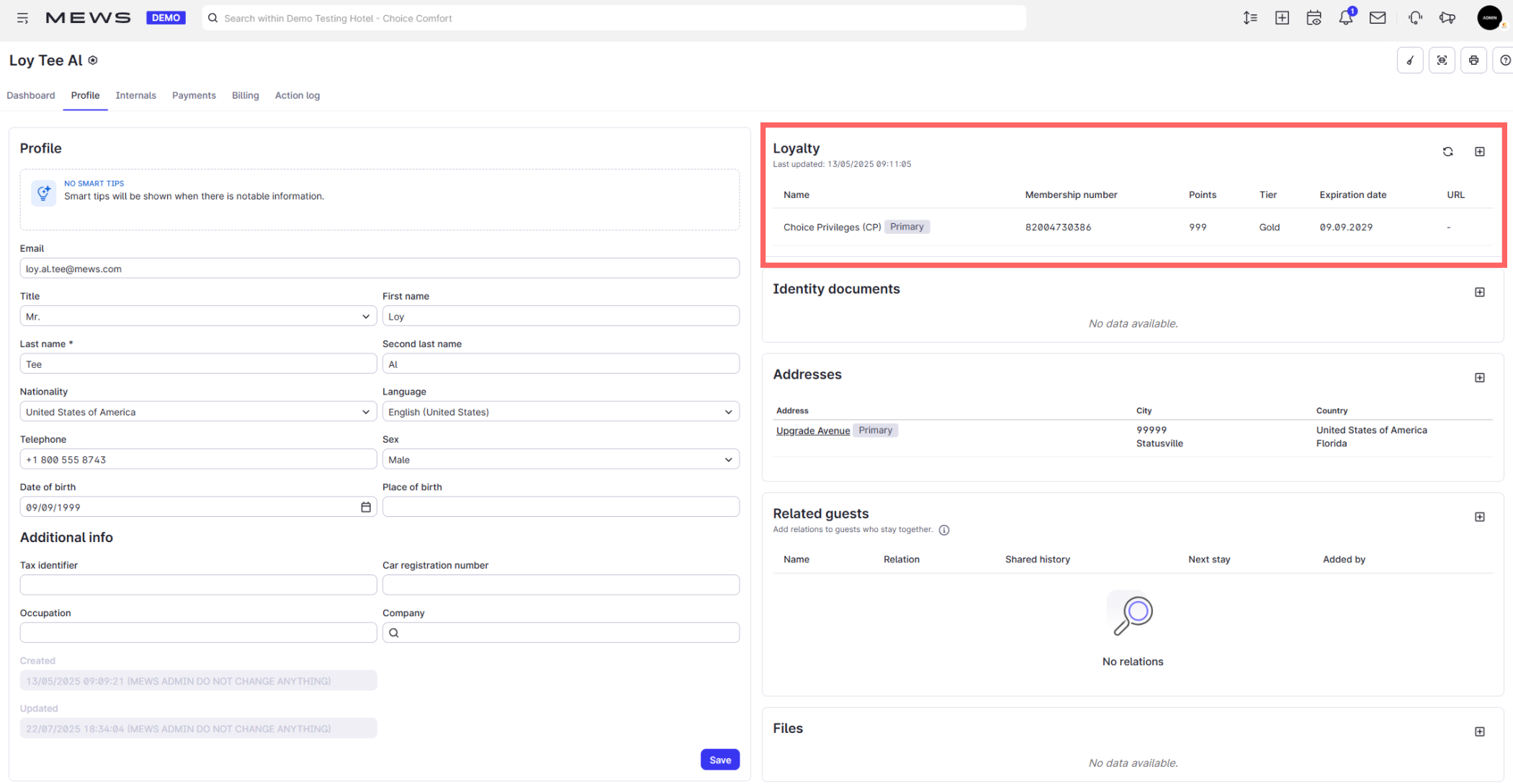 Screenshot of Mews Operations UI showing a guest profile with Loyalty section showing membership in Choice Privileges with membership number, points, tier, and expiration date.