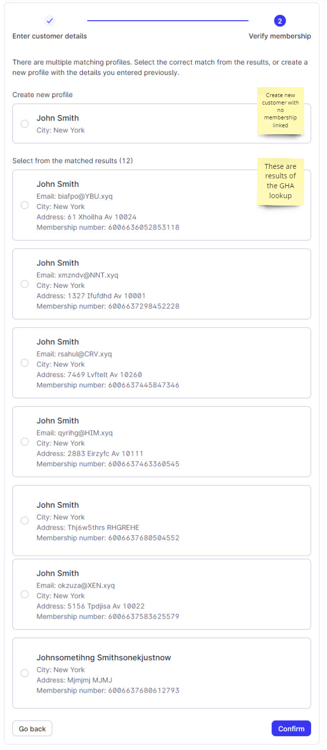 List of matching members returned from the partner loyalty system, with customer details and a Confirm button