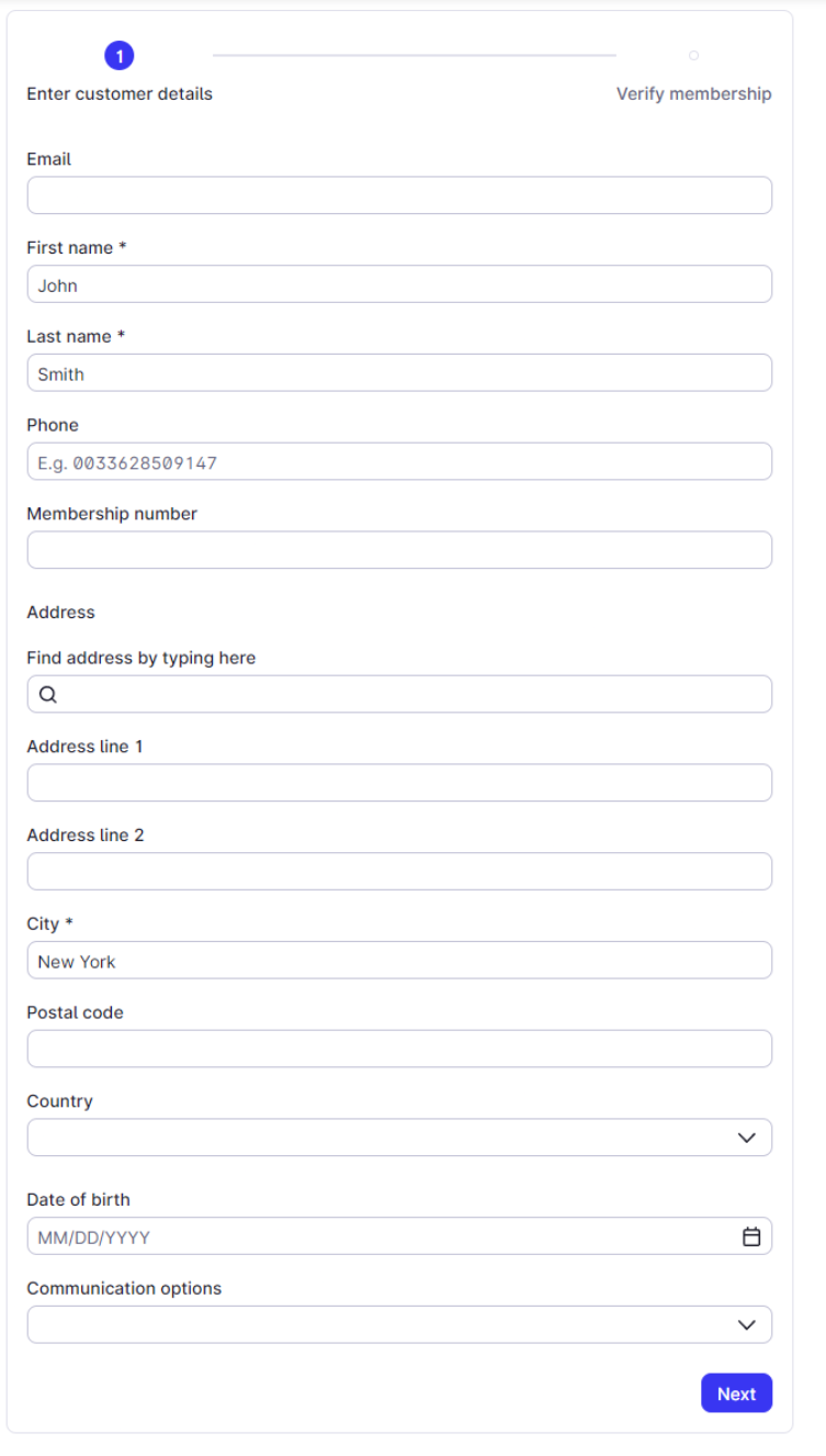 New customer creation form with fields for email, name, phone, membership number, and address