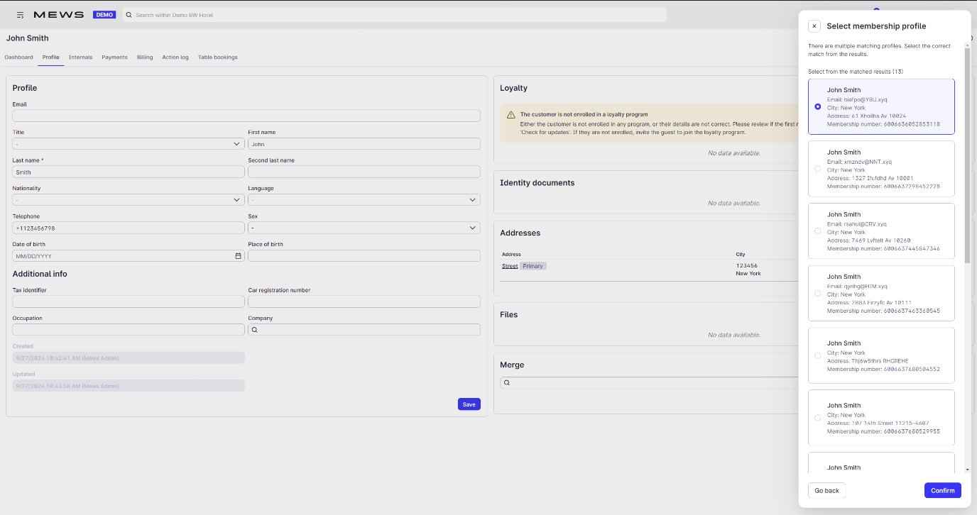 Customer profile screen with a membership lookup panel showing a list of matching members from the partner loyalty system