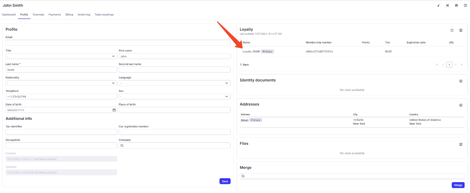 Customer profile showing active loyalty membership details after enrollment
