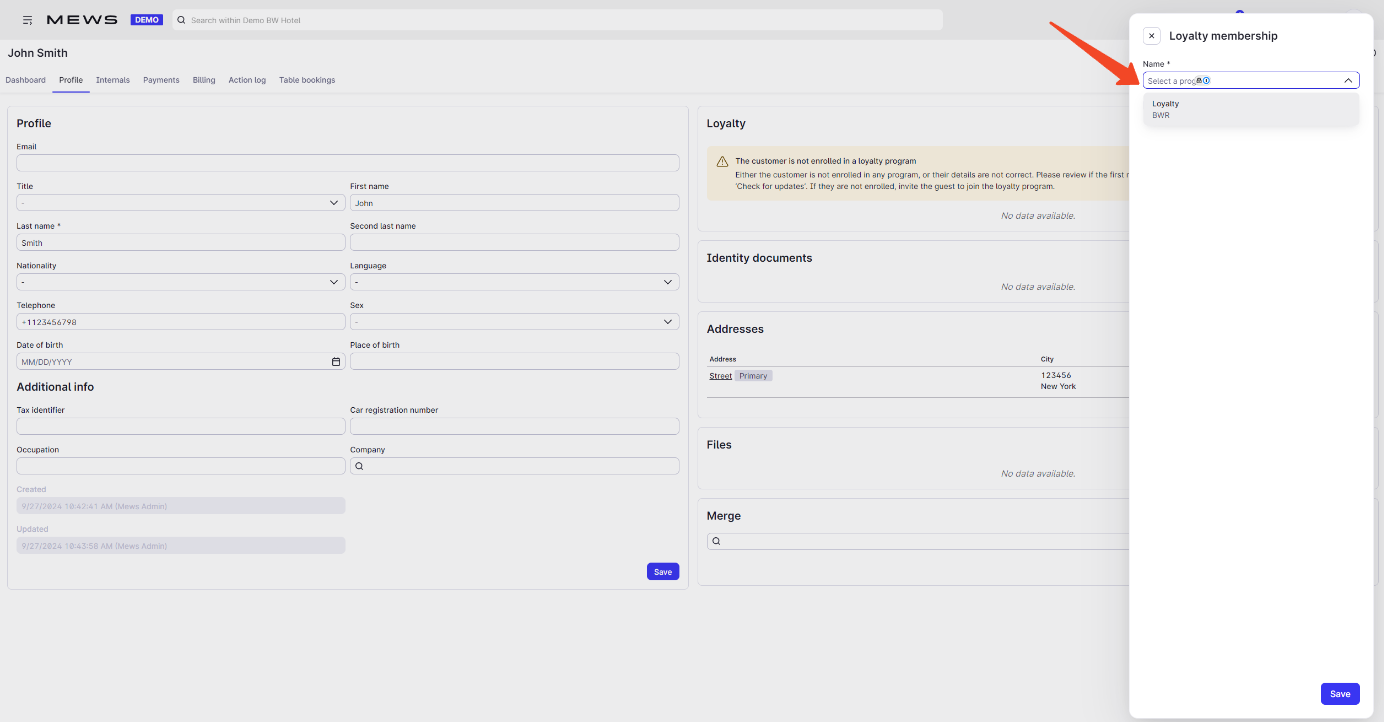 Dialog listing available loyalty programs for selection