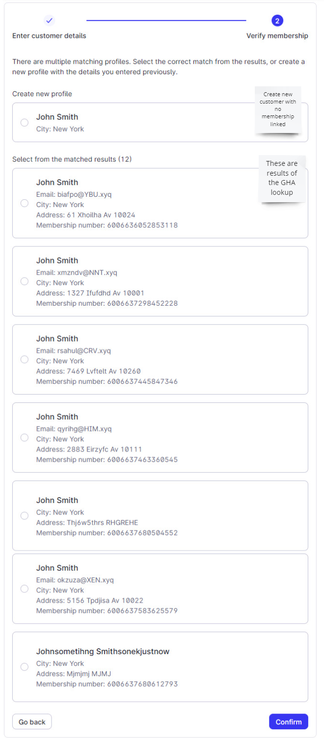 List of matching members returned from the partner loyalty system, with customer details and a Confirm button